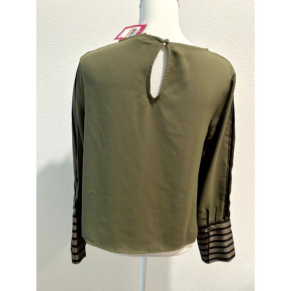 Vince Camuto Women's Contrast-Trim Long-Sleeve Top Size Small Olive Color New - Picture 5 of 10
